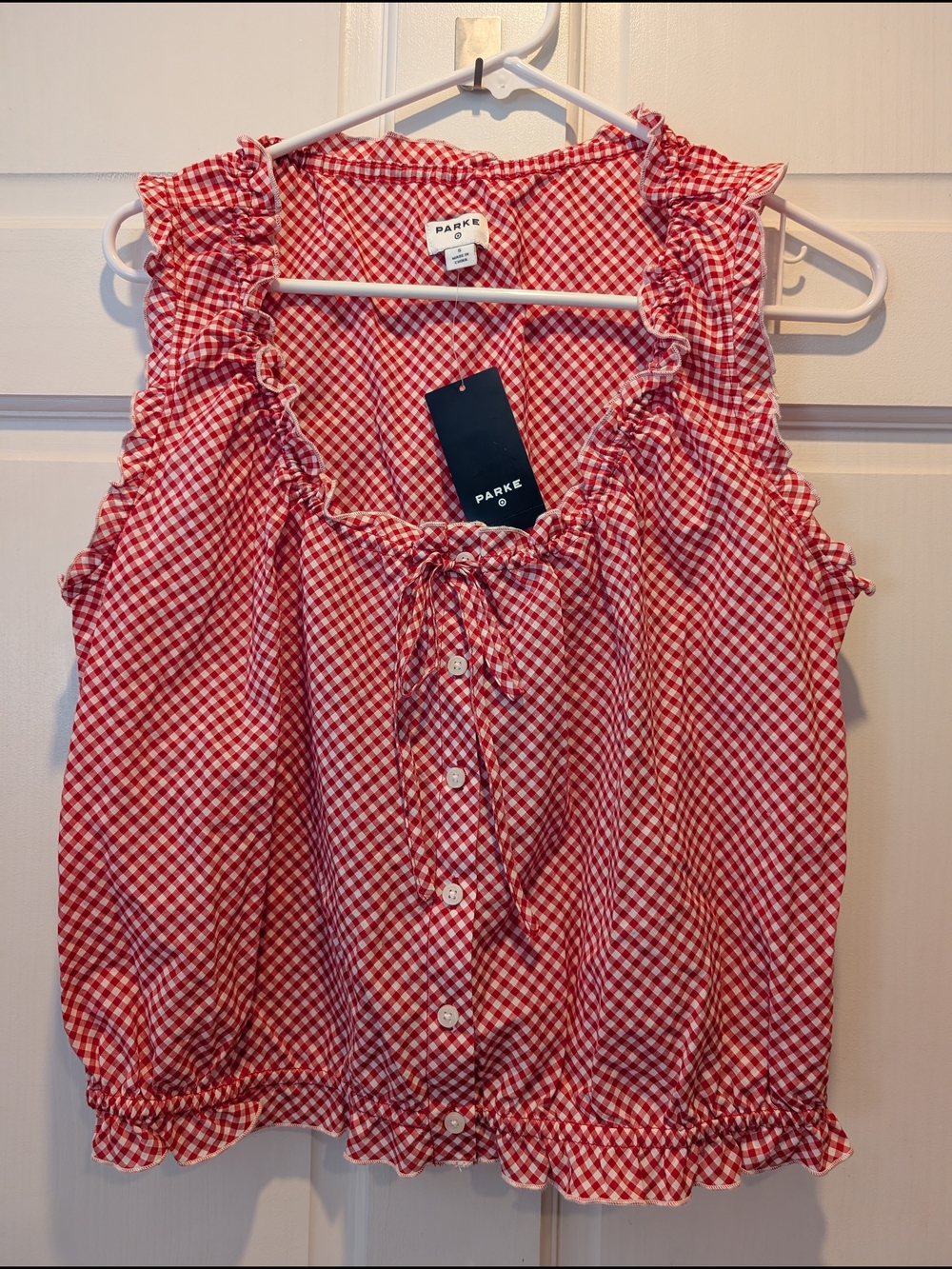 Parke Target New Tomato Red Gingham Ruffle-Trim Shell Tank Top S Summer Euro